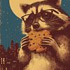 Un raton laveur avec des lunettes et un biscuit, la nuit sur Pixelbull Design