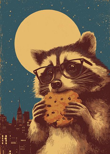 Un raton laveur avec des lunettes et un biscuit, la nuit