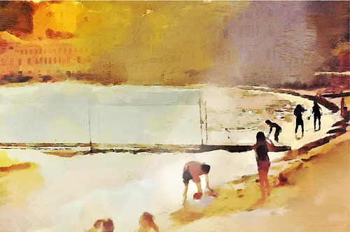 Digitale Malerei von Menschen am Strand der Bucht der Stille in Sestri Levante an der italienischen