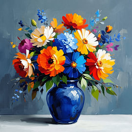 Farbenfroher Blumenstrauß in einer blauen Vase mit Impasto-Struktur von STUDIO ARTSY
