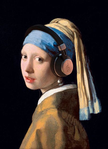 Meisje met de Parel van Johannes Vermeer... met een Koptelefoon! (bijgesneden) van Maarten Knops