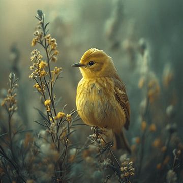 Prachtige gele vogel in het groen. van Karina Brouwer