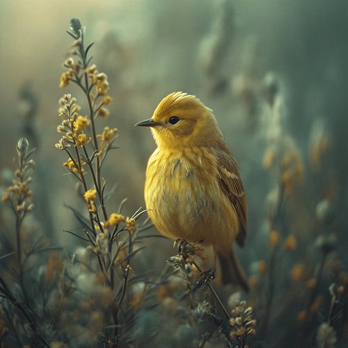 Beautiful yellow bird in green.