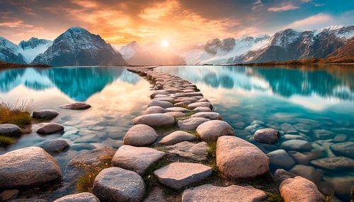 Meer met bergen en stenen weg