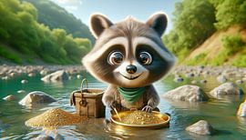 Glücklicher Waschbär findet Gold am Flussufer von artefacti