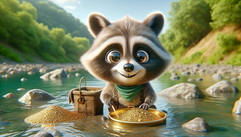 Glücklicher Waschbär findet Gold am Flussufer von artefacti