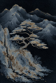 Orientalische Zen-Berglandschaft in dunklen Farbtönen mit goldenen Akzenten von Studio Pieternel