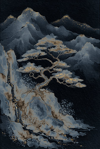 Oriental Zen mountain landscape in dark colours with gold accents
