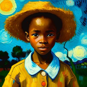 Afrikaans Jongentje Met Hoed Van Gogh Stijl van All Africa