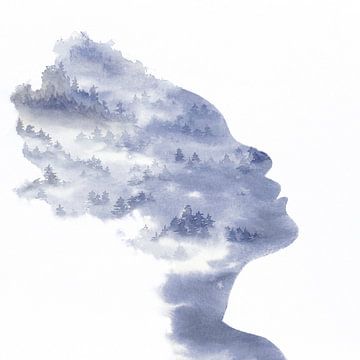Let it go (blue watercolor painting portrait woman forest trees silhouette face square abstract)