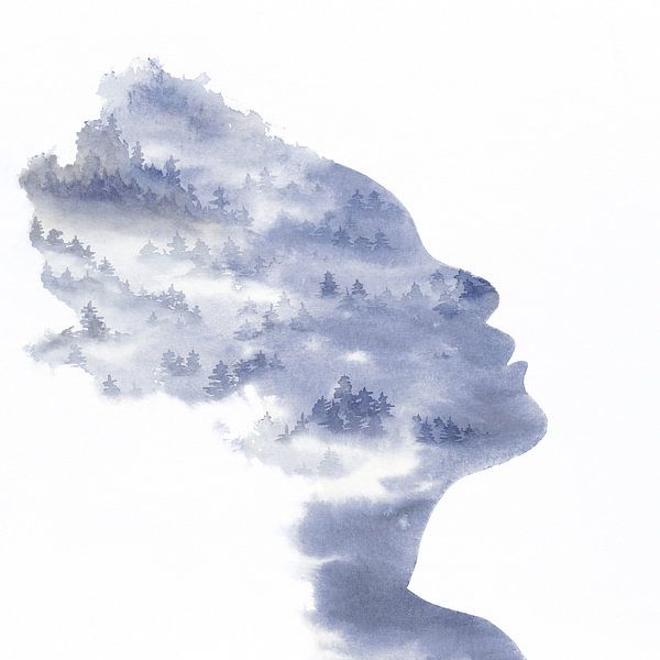 Let it go (blue watercolor painting portrait woman forest trees silhouette face square abstract) by Natalie Bruns