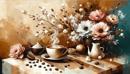 Floral coffee arrangement in pastel colours