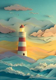 Een vuurtoren in papierkunst boven zachte golven