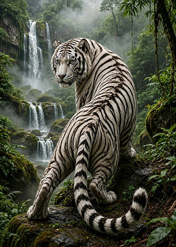 Un majestueux tigre blanc devant une cascade dans la jungle