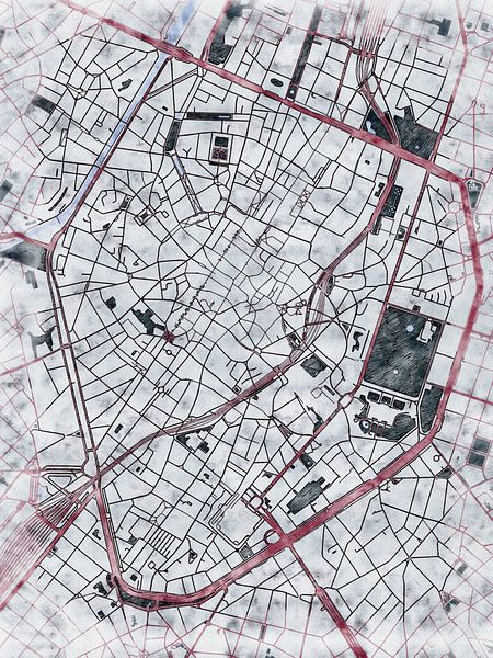 Map of Brussel centrum with the style 'White Winter' by Maporia