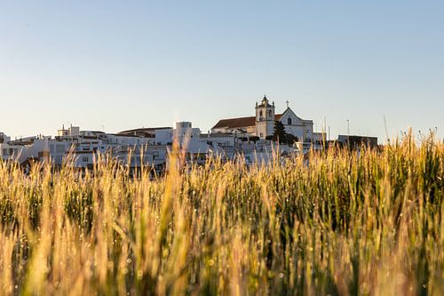 Zandstrand in de ochtend met uitzicht op het historische centrum van Ferragudo, Portimão, Algarve, Portugal