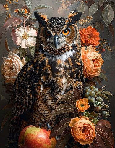 Grote uil tussen pioenrozen van Bianca van Dijk