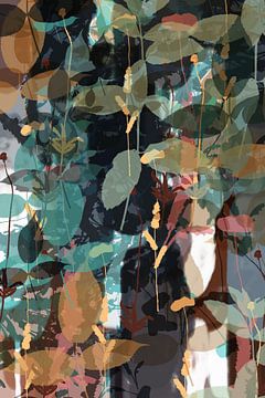 Moderne abstracte botanische kunst. Sprookjesbos. Bladeren en klaprozen.