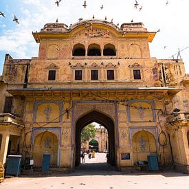 Doorgang naar de stad in Jaipur India met overvliegende duiven. van Niels Rurenga