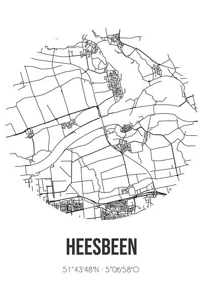Heesbeen (North Brabant) | Map | Black and White by Prints of Place