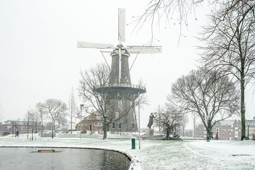 Leiden in de sneeuw/ molen De Valk van Dirk van Egmond