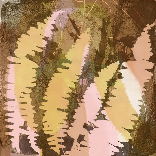 Abstract botanical art in retro style and pastel colors. Fern leaves in brown and pink by Dina Dankers