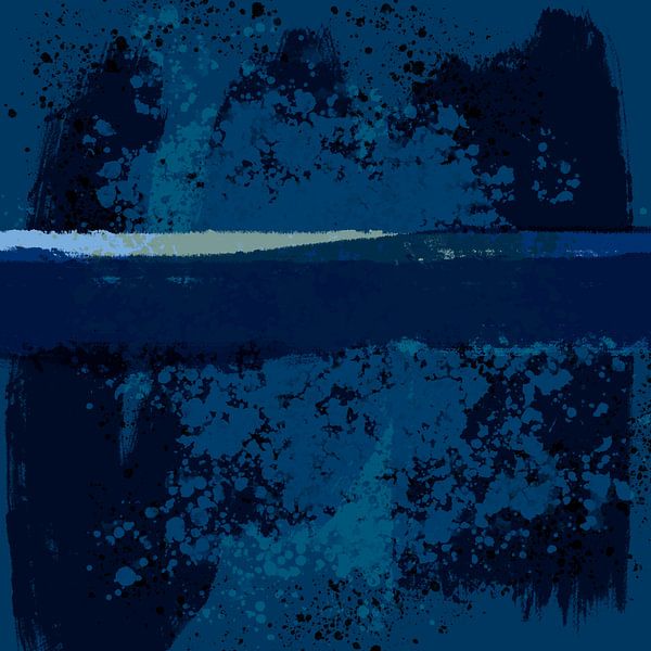 Moderne abstrakte Kunst. Bunte Landschaft in blauen Farben. Abend am Ufer. von Dina Dankers