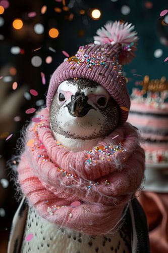 Grappige pinguïn met verjaardagshoed en confetti