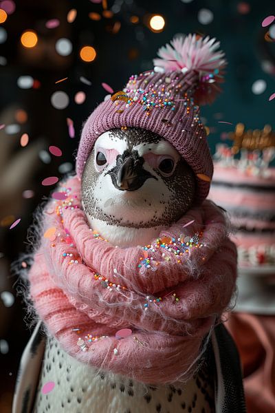 Funny penguin with birthday hat and confetti by Poster Art Shop
