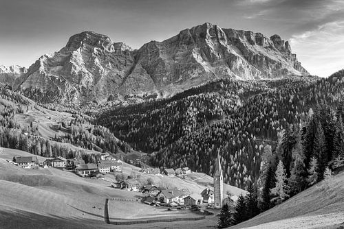 Herfstsfeer in de Alpen in Zuid-Tirol in zwart-wit.