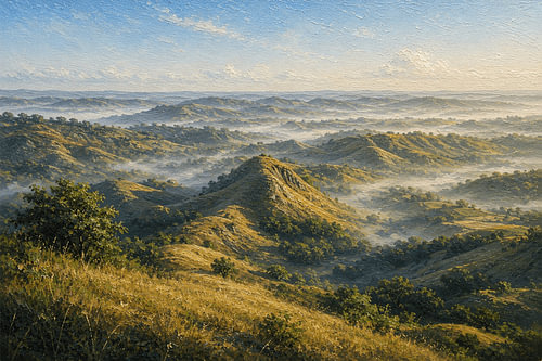 Morgennebel über den Kuku-Hügeln, Sumba, Indonesien