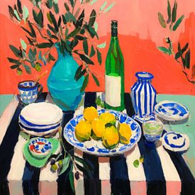 Nature morte aux citrons et aux branches d'olivier - scène méditerranéenne moderne aux couleurs chaudes sur But First Framing