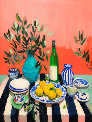 Stilleben mit Zitronen und Olivenzweigen - moderne mediterrane Szene in warmen Farben