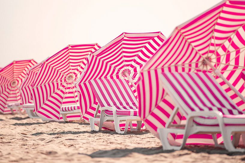 Strandkörbe und Sonnenschirme an der belgischen Küste von Evelien Oerlemans
