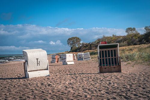 Beach chairs on the beach shore Ahrenshoop Baltic Sea. Fischland Zingst Darß, Mecklenburg-Western Pomerania