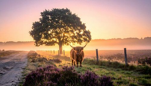 schotse hooglander heide met opkomende zon