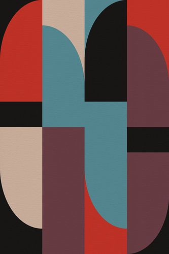 Geometrische retro kunst. Abstracte vormen in rood, lichtblauw, aubergine, zwart.