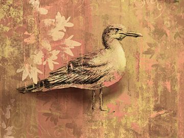 Vintage Vogel Illustratie op Botanische Achtergrond – Warme Rustieke Wanddecoratie van Emiel de Lange