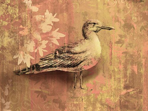 Vintage Vogel Illustratie op Botanische Achtergrond – Warme Rustieke Wanddecoratie