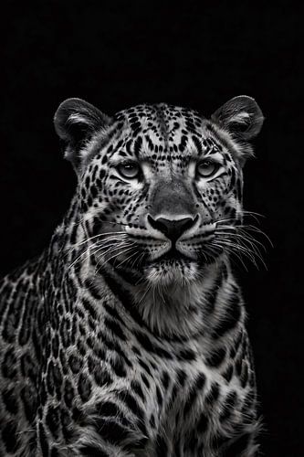 Gedetailleerd zwart-wit portret van luipaard