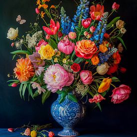 Still life with flowers in blue vase by Peet de Rouw