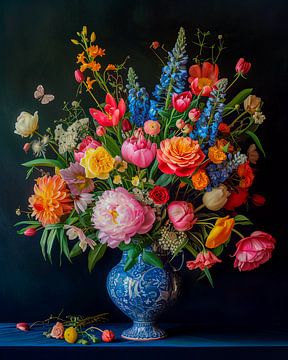 Nature morte avec fleurs dans un vase bleu sur Peet de Rouw