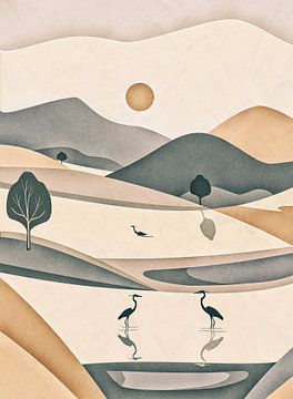 Heuvels, water en reigers – minimalisme (1) van Anna Marie de Klerk