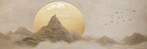 Golden sun and lines of gold through the mountains as a panorama