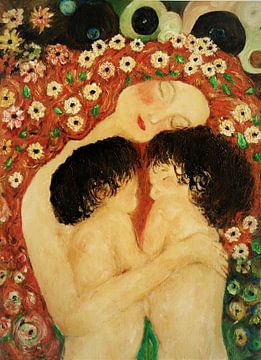Portret van moeder en kinderen, geïnspireerd door Gustav Klimt.