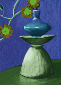 Ikebana stilleven blauw groen