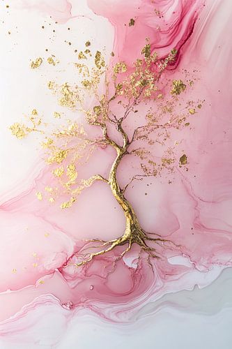 Arbre doré sur fond rose