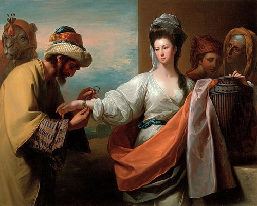 Benjamin West,Isaac's bediende bindt de armband aan Rebecca's ar