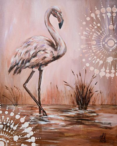 Flamant rose en équilibre