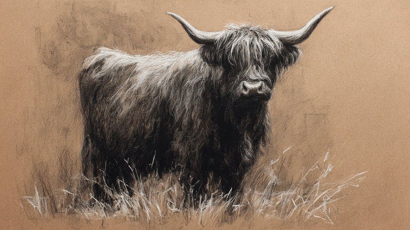 Scottish Highlander in Chalk on Kraft board by Eva Lee